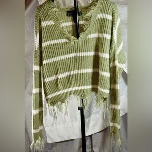 Polly & Esther Olive and Cream Striped fringed oversized cropped Sweater szsmall